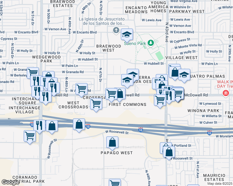 map of restaurants, bars, coffee shops, grocery stores, and more near 4520 West McDowell Road in Phoenix