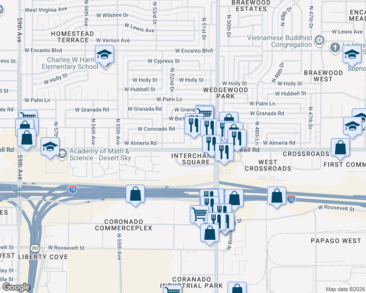 map of restaurants, bars, coffee shops, grocery stores, and more near 1601 North 52nd Avenue in Phoenix
