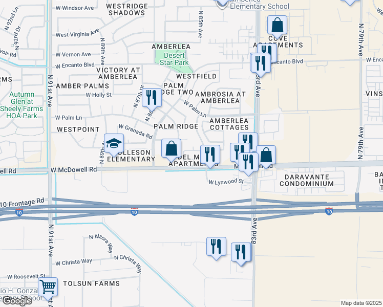 map of restaurants, bars, coffee shops, grocery stores, and more near 8507 West Granada Road in Phoenix