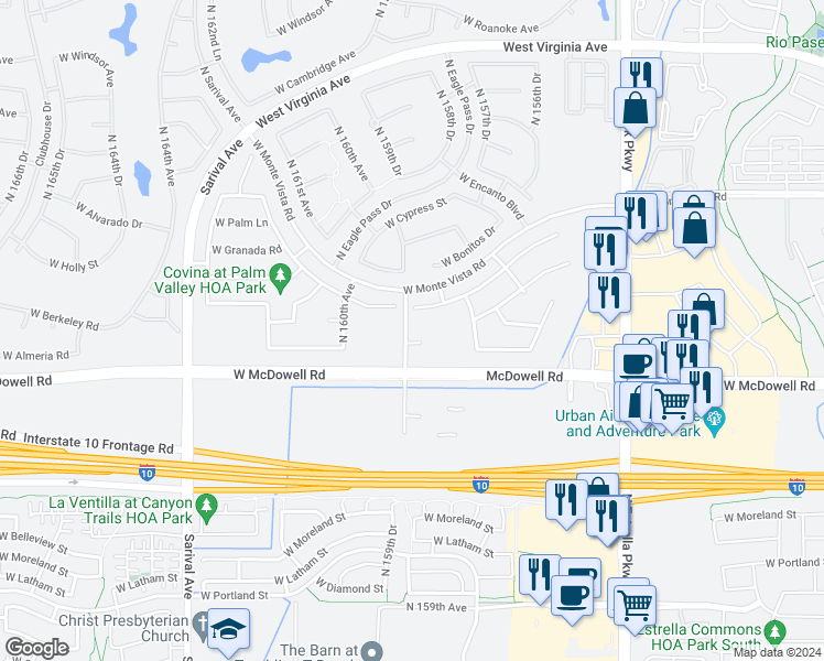 map of restaurants, bars, coffee shops, grocery stores, and more near 3266 North 159th Avenue in Goodyear