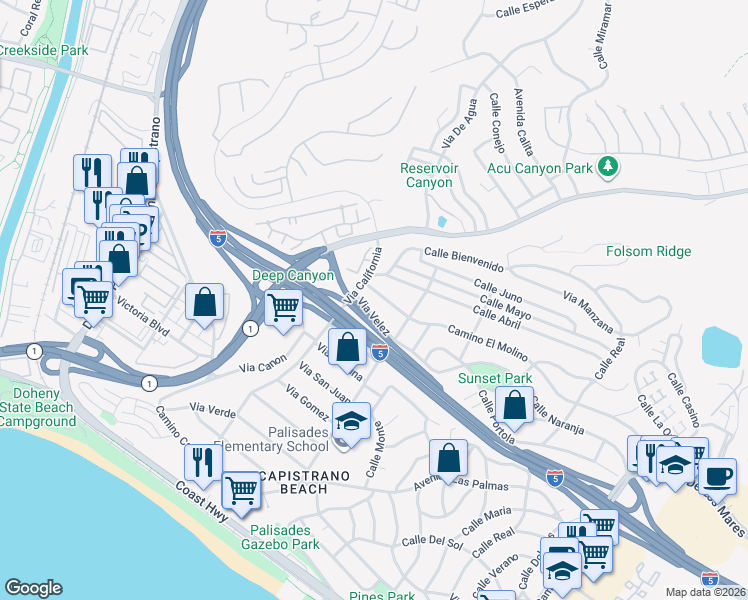 map of restaurants, bars, coffee shops, grocery stores, and more near 34151 Camino El Molino in Dana Point