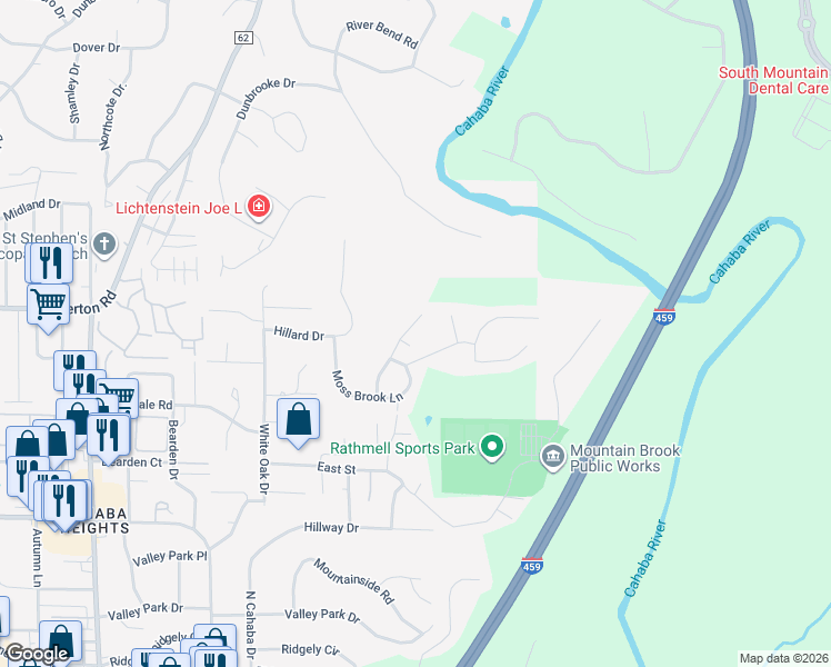 map of restaurants, bars, coffee shops, grocery stores, and more near 3405 Old Wood Lane in Vestavia Hills