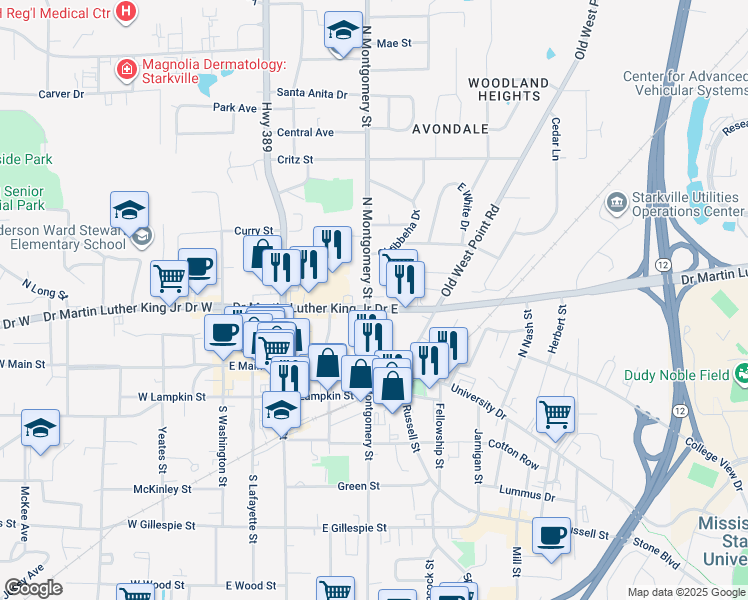 map of restaurants, bars, coffee shops, grocery stores, and more near 201 North Montgomery Street in Starkville