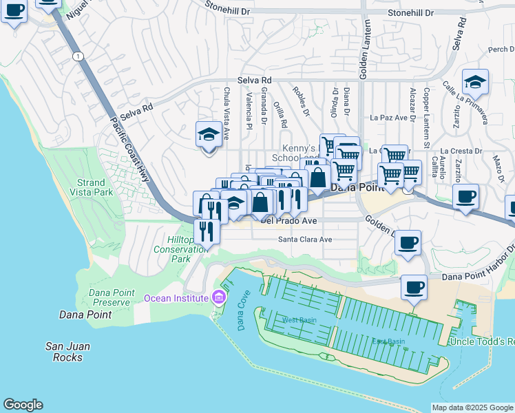 map of restaurants, bars, coffee shops, grocery stores, and more near 34171 Street of the Ruby Lantern in Dana Point