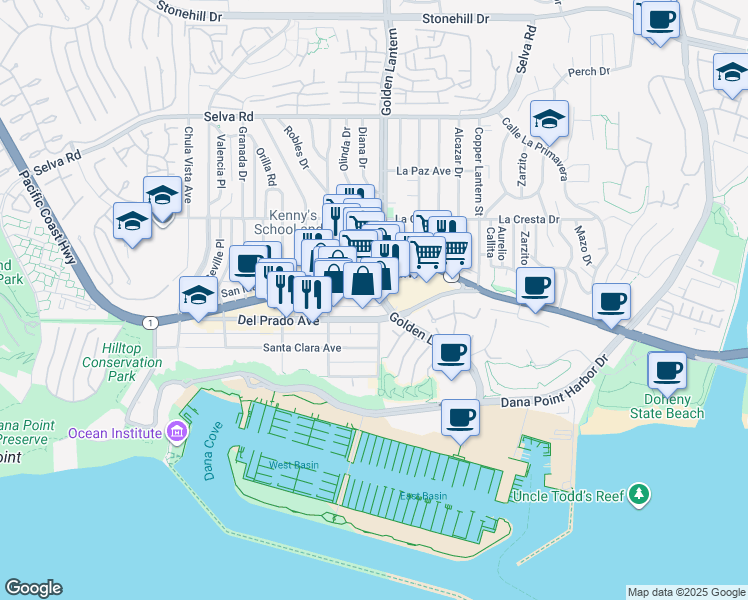 map of restaurants, bars, coffee shops, grocery stores, and more near 34171 East Pacific Coast Highway in Dana Point