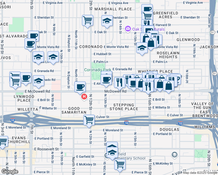 map of restaurants, bars, coffee shops, grocery stores, and more near 1328 East McDowell Road in Phoenix