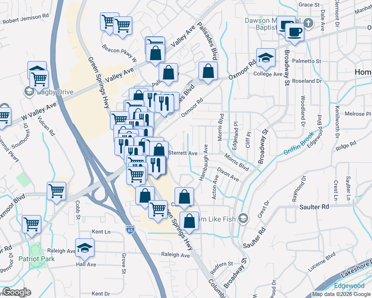 map of restaurants, bars, coffee shops, grocery stores, and more near 428 Berry Avenue in Birmingham