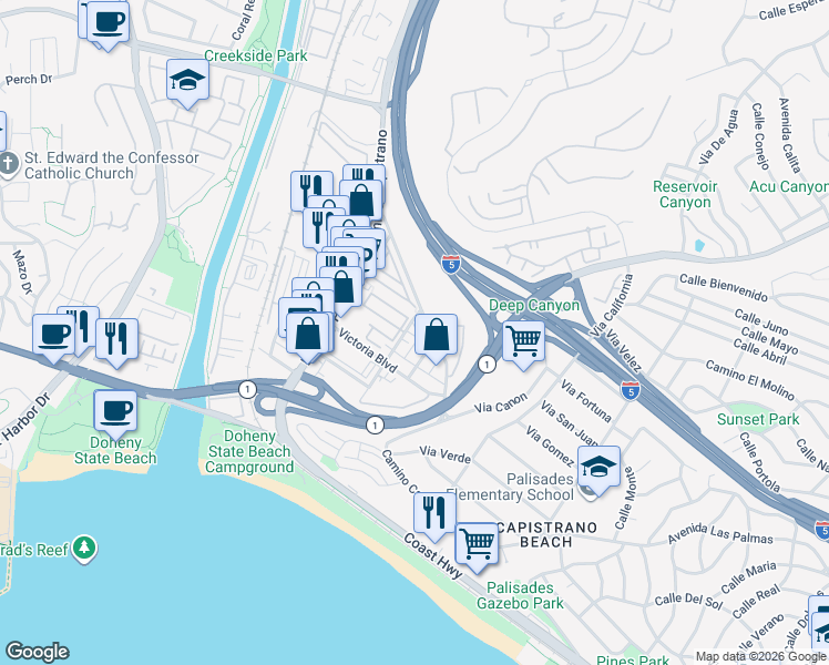 map of restaurants, bars, coffee shops, grocery stores, and more near 34182 Sepulveda Avenue in Dana Point