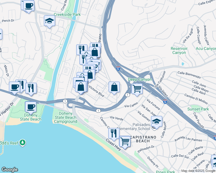map of restaurants, bars, coffee shops, grocery stores, and more near 34182 Sepulveda Avenue in Dana Point