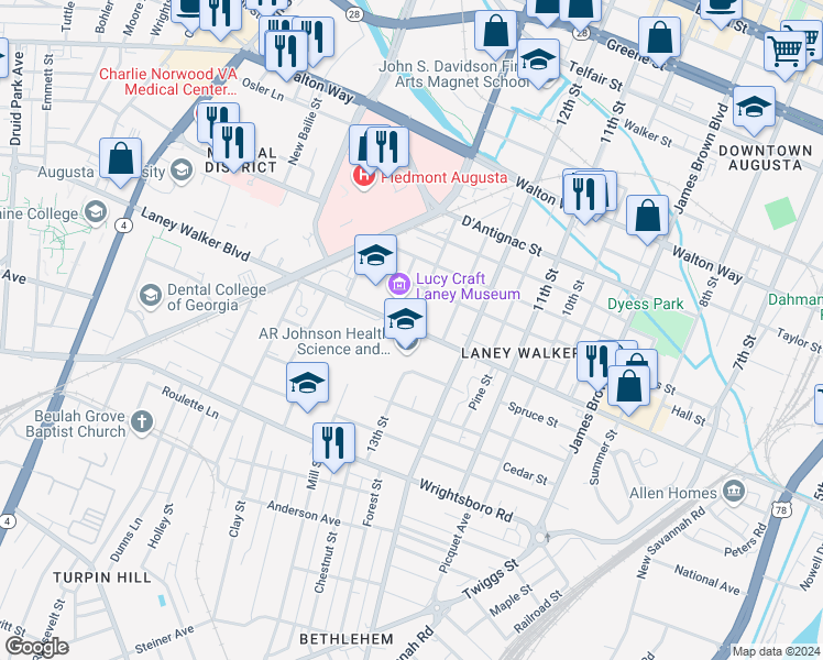 map of restaurants, bars, coffee shops, grocery stores, and more near 1324 Laney Walker Boulevard in Augusta