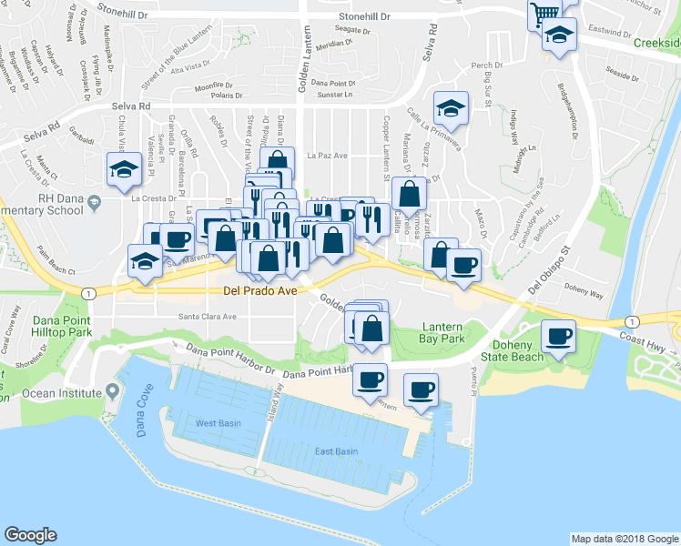 map of restaurants, bars, coffee shops, grocery stores, and more near 28001 Del Prado Avenue in Dana Point