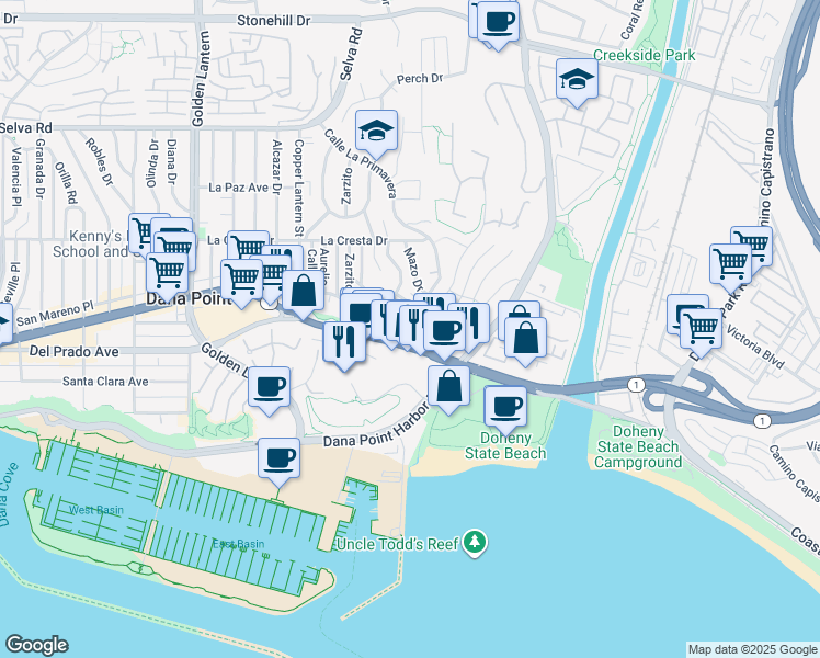 map of restaurants, bars, coffee shops, grocery stores, and more near 25252 Manzanita Drive in Dana Point
