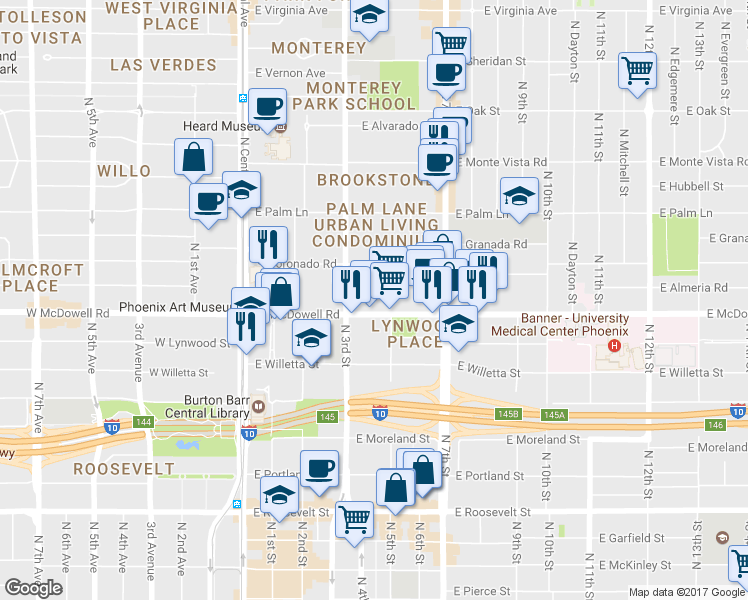 map of restaurants, bars, coffee shops, grocery stores, and more near 326 East McDowell Road in Phoenix