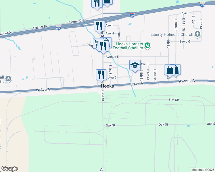 map of restaurants, bars, coffee shops, grocery stores, and more near in Hooks