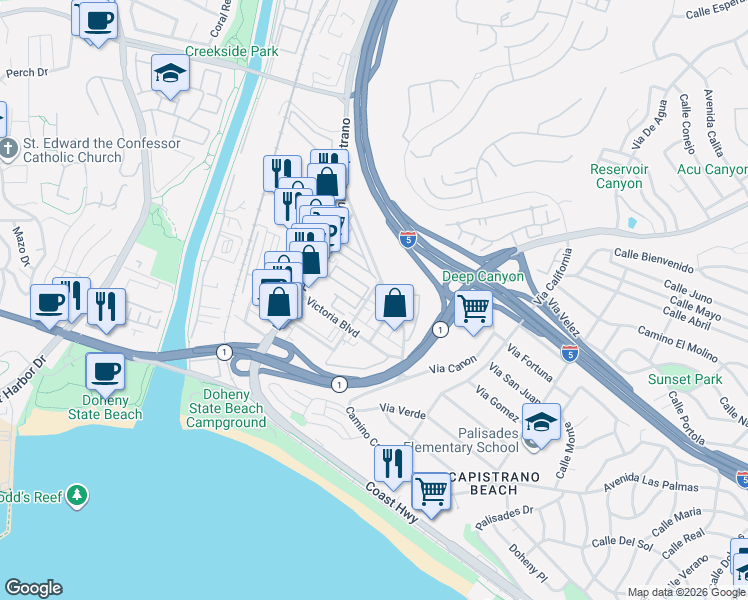 map of restaurants, bars, coffee shops, grocery stores, and more near 34182 Sepulveda Avenue in Dana Point