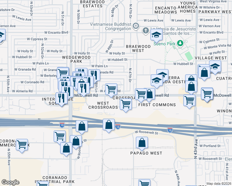 map of restaurants, bars, coffee shops, grocery stores, and more near 4814 West Almeria Road in Phoenix