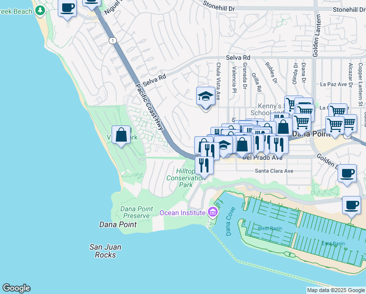 map of restaurants, bars, coffee shops, grocery stores, and more near 55 Palm Beach Court in Dana Point