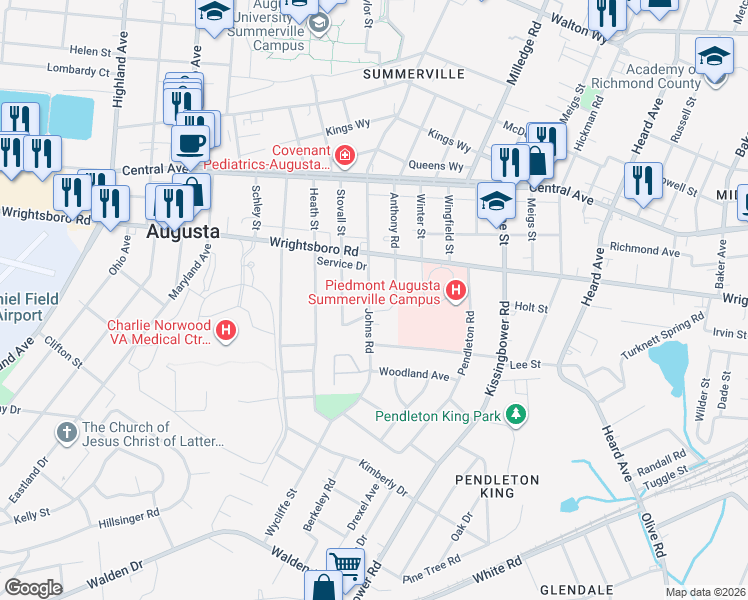map of restaurants, bars, coffee shops, grocery stores, and more near 1524 Johns Road in Augusta