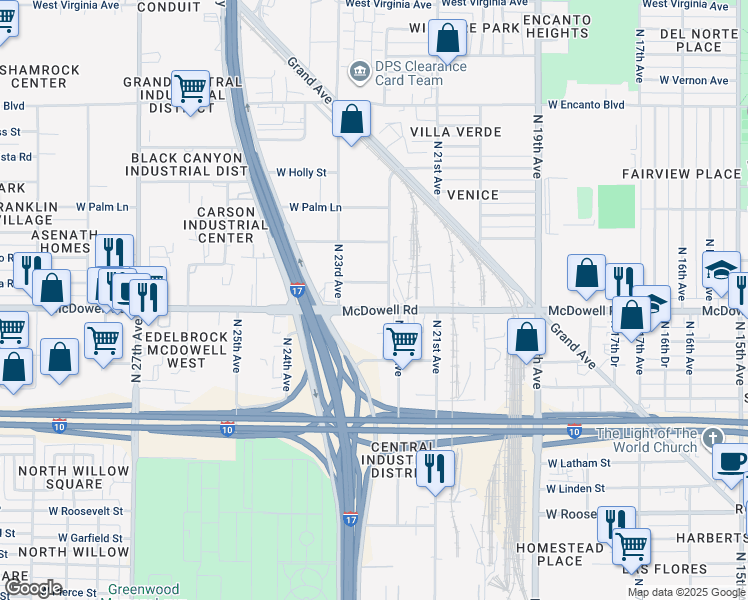 map of restaurants, bars, coffee shops, grocery stores, and more near 2220 West McDowell Road in Phoenix