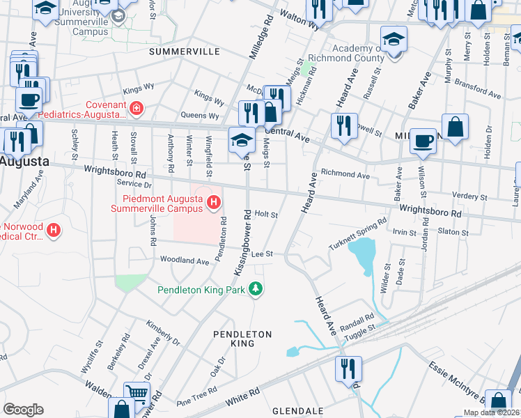 map of restaurants, bars, coffee shops, grocery stores, and more near 1418 Troupe Street in Augusta