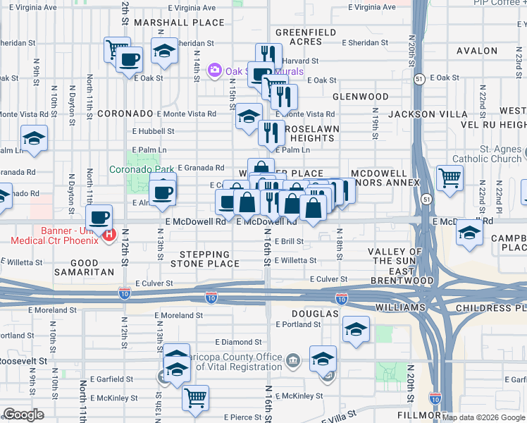 map of restaurants, bars, coffee shops, grocery stores, and more near 1612 North 16th Street in Phoenix