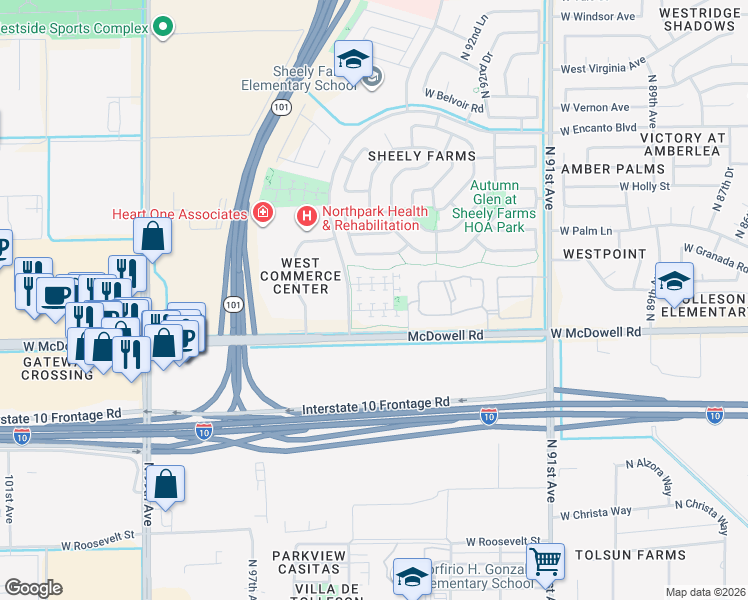 map of restaurants, bars, coffee shops, grocery stores, and more near 9421 West Terri Lee Drive in Phoenix