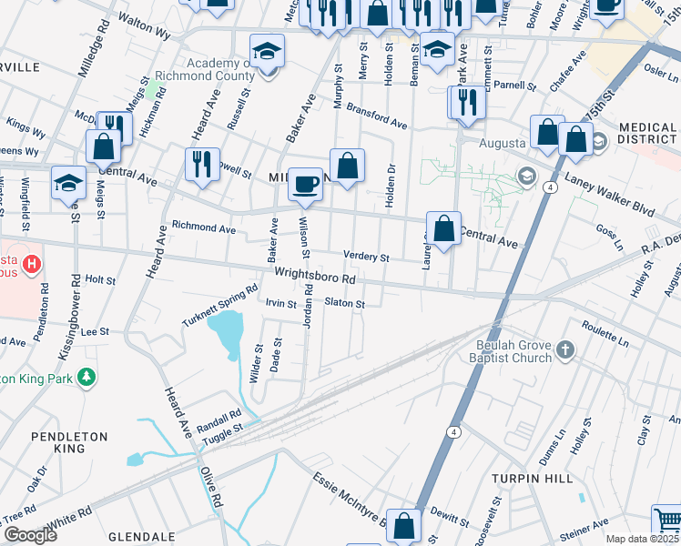 map of restaurants, bars, coffee shops, grocery stores, and more near 1801 Wrightsboro Road in Augusta