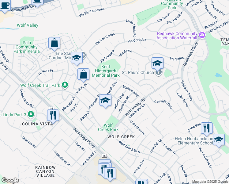 map of restaurants, bars, coffee shops, grocery stores, and more near 45575 Hawk Court in Temecula