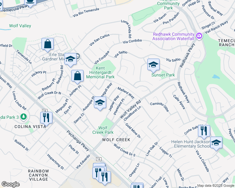 map of restaurants, bars, coffee shops, grocery stores, and more near 45549 Jaguar Way in Temecula