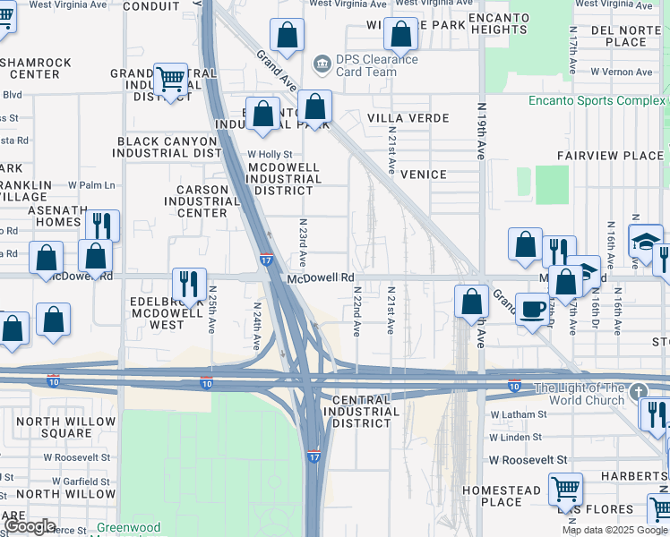 map of restaurants, bars, coffee shops, grocery stores, and more near 2220 West McDowell Road in Phoenix