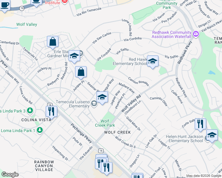 map of restaurants, bars, coffee shops, grocery stores, and more near 45539 Hawk Court in Temecula