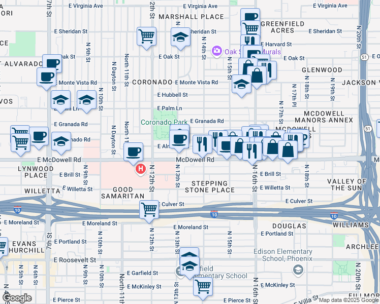 map of restaurants, bars, coffee shops, grocery stores, and more near 1328 East McDowell Road in Phoenix