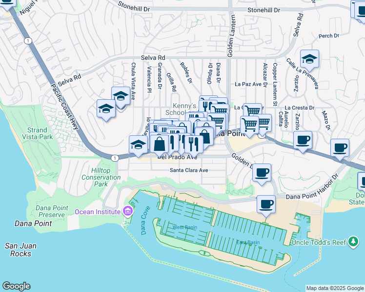 map of restaurants, bars, coffee shops, grocery stores, and more near 34137 California 1 in Dana Point