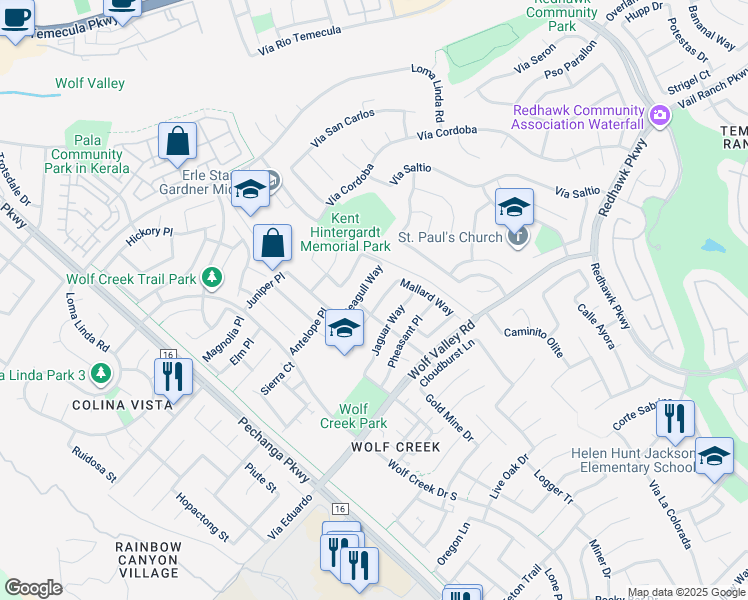map of restaurants, bars, coffee shops, grocery stores, and more near 45575 Hawk Court in Temecula