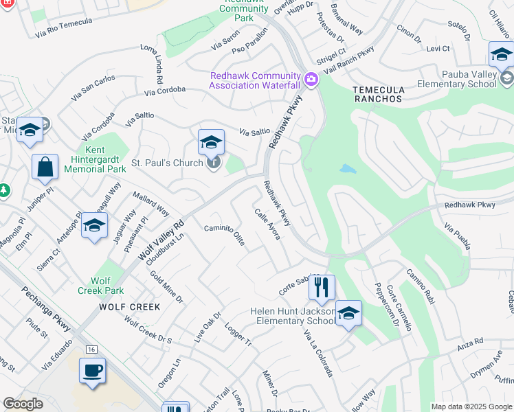 map of restaurants, bars, coffee shops, grocery stores, and more near 45540 Calle Ayora in Temecula