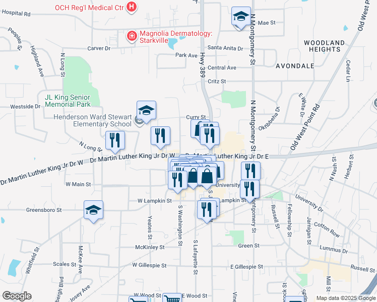 map of restaurants, bars, coffee shops, grocery stores, and more near 300-434 N Washington St in Starkville