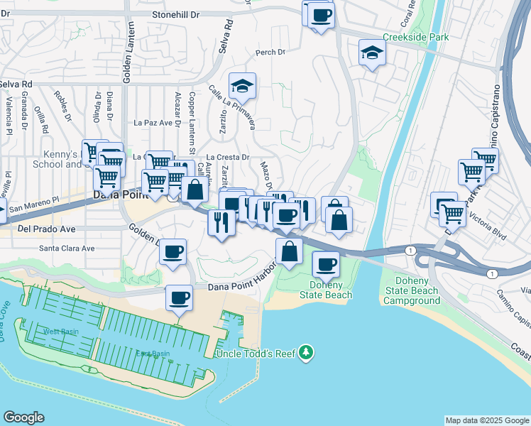 map of restaurants, bars, coffee shops, grocery stores, and more near 25252 Manzanita Drive in Dana Point