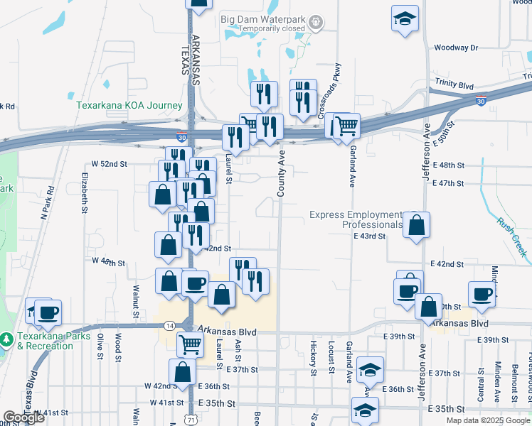 map of restaurants, bars, coffee shops, grocery stores, and more near 4303 County Avenue in Texarkana