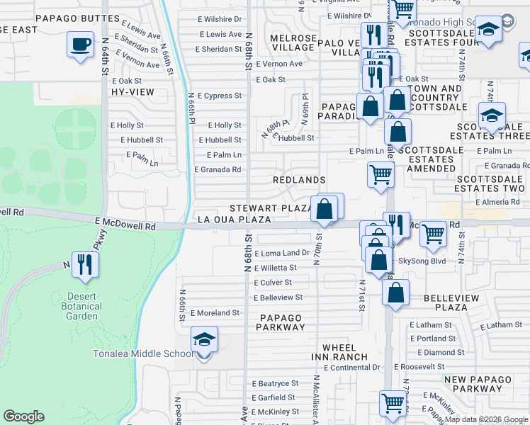 map of restaurants, bars, coffee shops, grocery stores, and more near 6801 East Almeria Road in Scottsdale
