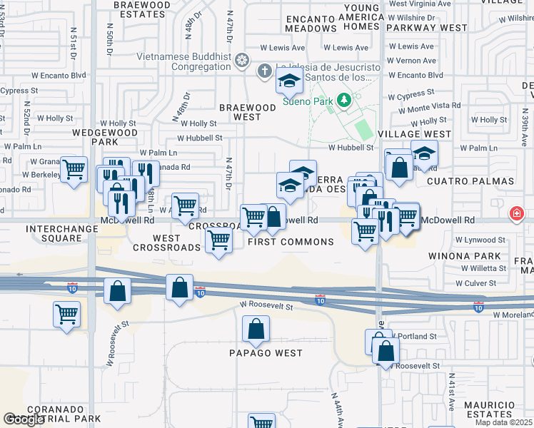 map of restaurants, bars, coffee shops, grocery stores, and more near 4520 West McDowell Road in Phoenix