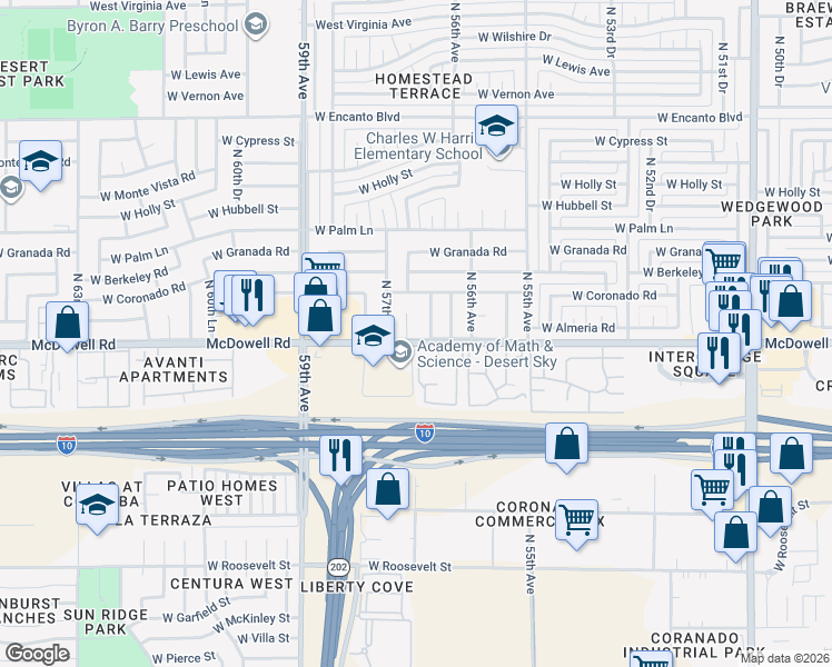 map of restaurants, bars, coffee shops, grocery stores, and more near 1601 North 57th Avenue in Phoenix