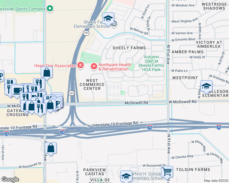 map of restaurants, bars, coffee shops, grocery stores, and more near 9421 West Terri Lee Drive in Phoenix