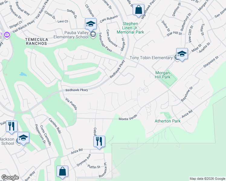 map of restaurants, bars, coffee shops, grocery stores, and more near 33320 Kilroy Road in Temecula