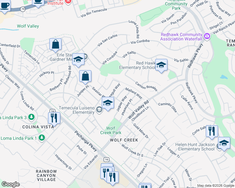map of restaurants, bars, coffee shops, grocery stores, and more near 45539 Hawk Court in Temecula