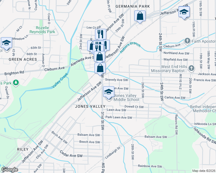 map of restaurants, bars, coffee shops, grocery stores, and more near 2920 Dawson Avenue Southwest in Birmingham