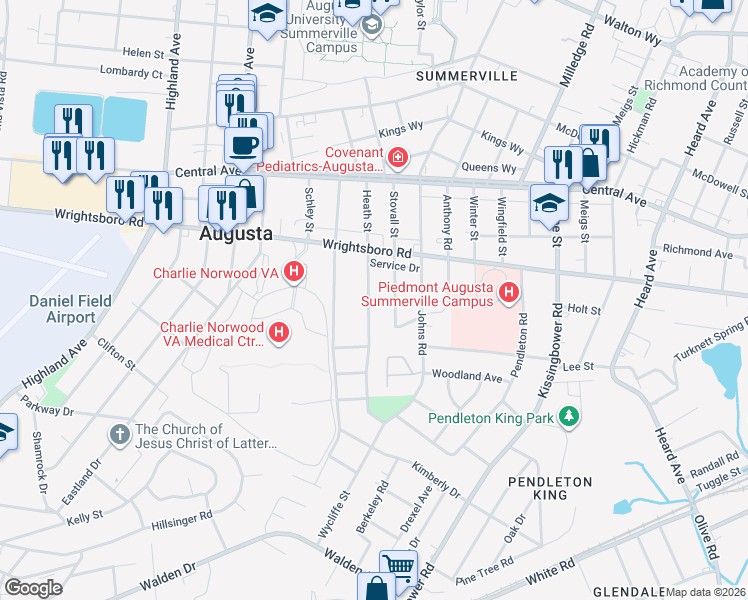 map of restaurants, bars, coffee shops, grocery stores, and more near 1527 Heath Street in Augusta