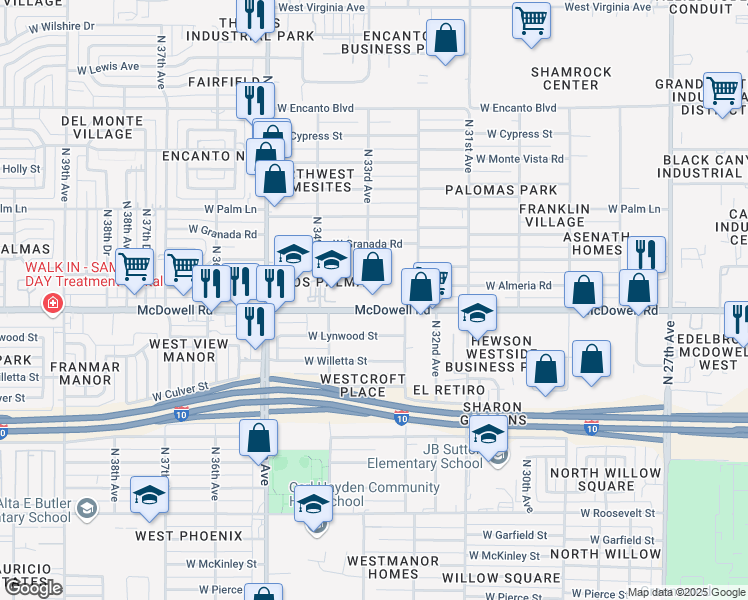 map of restaurants, bars, coffee shops, grocery stores, and more near 3332 West McDowell Road in Phoenix