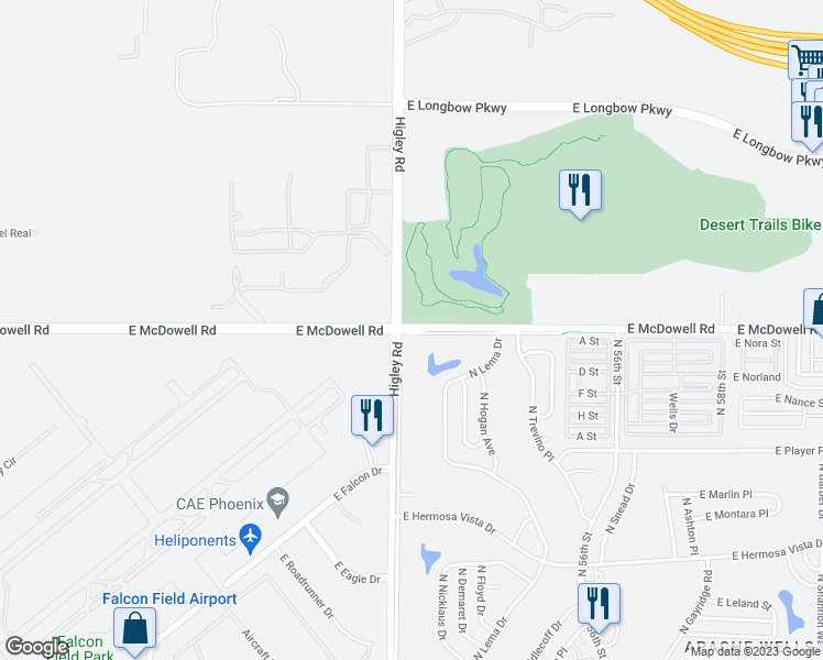 map of restaurants, bars, coffee shops, grocery stores, and more near 5201 East McDowell Road in Mesa