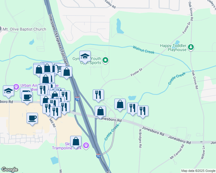 map of restaurants, bars, coffee shops, grocery stores, and more near 166 Foster Drive in McDonough