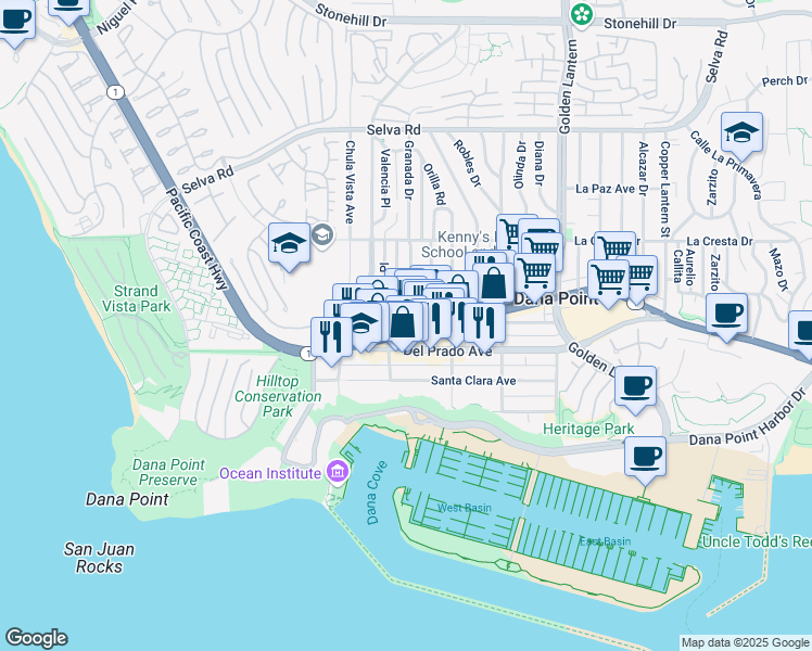 map of restaurants, bars, coffee shops, grocery stores, and more near 34122 South Coast Highway in Dana Point